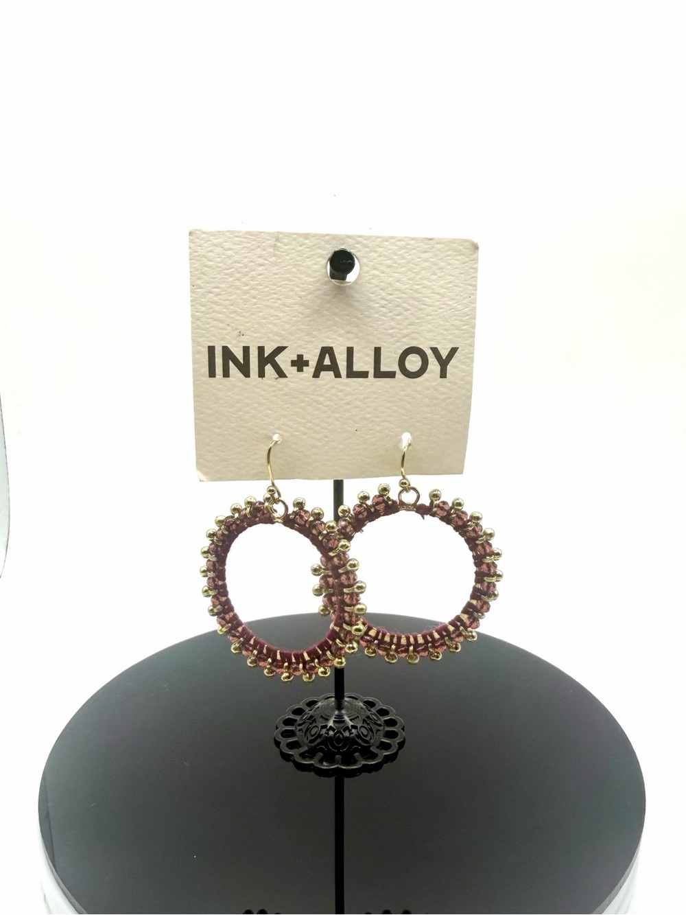 Ink + Alloy Beaded Burgundy & Gold Hoop Earrings NWT